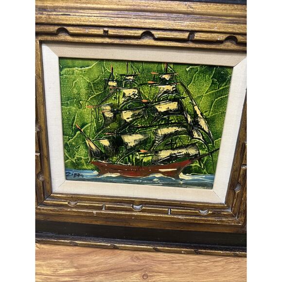 Vintage Seascape Oil Painting on Canvas Signed Zizza Framed Nautical Art 18.5x17 - Picture 3 of 10